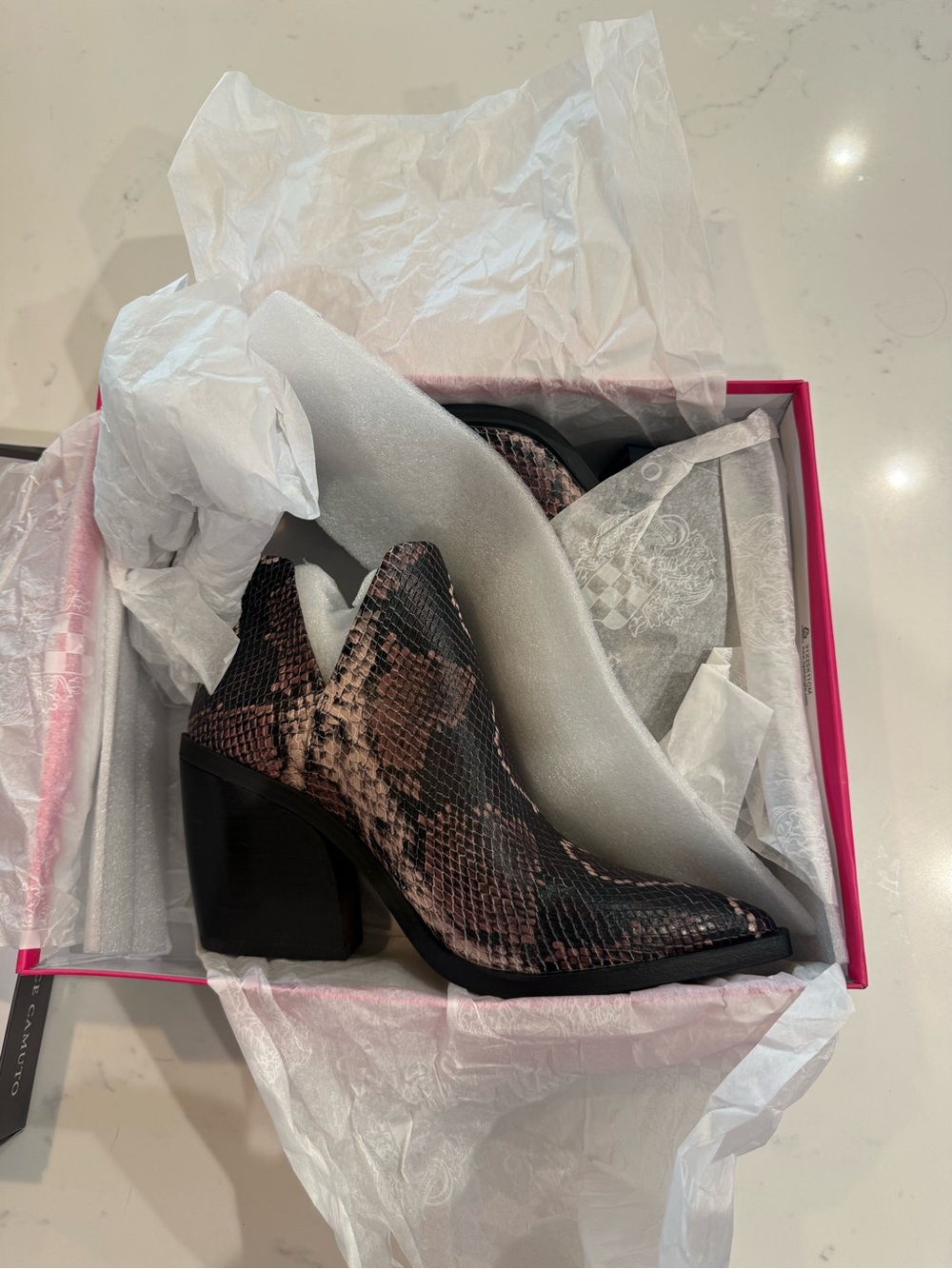 Vince Camuto Pink and Black Snake-Print Pointed Block Heel Ankle Boot